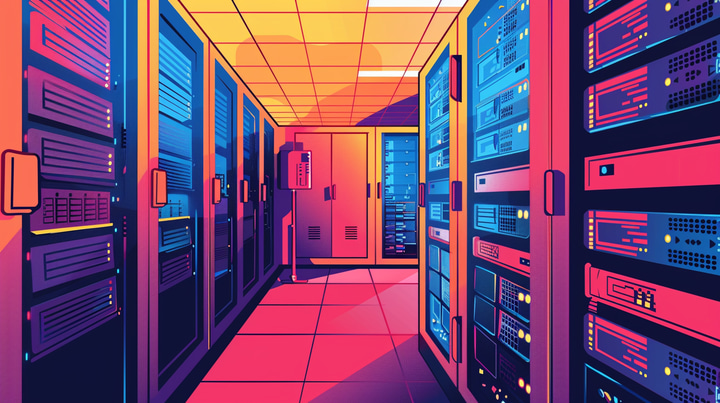uma ilustração de um rack de servidores em uma sala de servidores, linhas simples, cores planas, estilo de design vintage, estilo pop art, estilo dos anos 80, estilo retrô