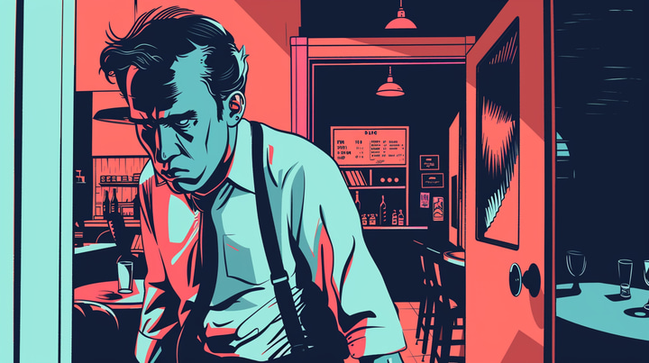 uma ilustração de um homem saindo de um restaurante com raiva, linhas simples, cores planas, estilo de design vintage, estilo pop art, estilo dos anos 80, estilo retrô